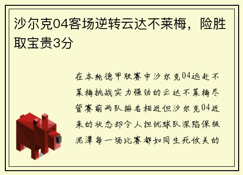 沙尔克04客场逆转云达不莱梅，险胜取宝贵3分