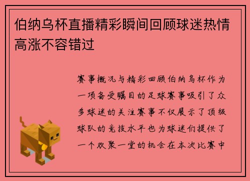 伯纳乌杯直播精彩瞬间回顾球迷热情高涨不容错过